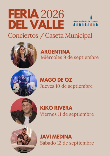Cartel de la Feria del Valle 2026 con las actuaciones de Argentina, Mago de Oz, Kiko Rivera y Javi Medina en la Caseta Municipal